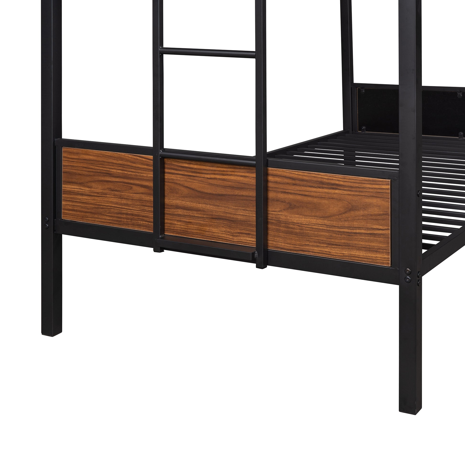 Black metal bunk bed frame with wood panel accents