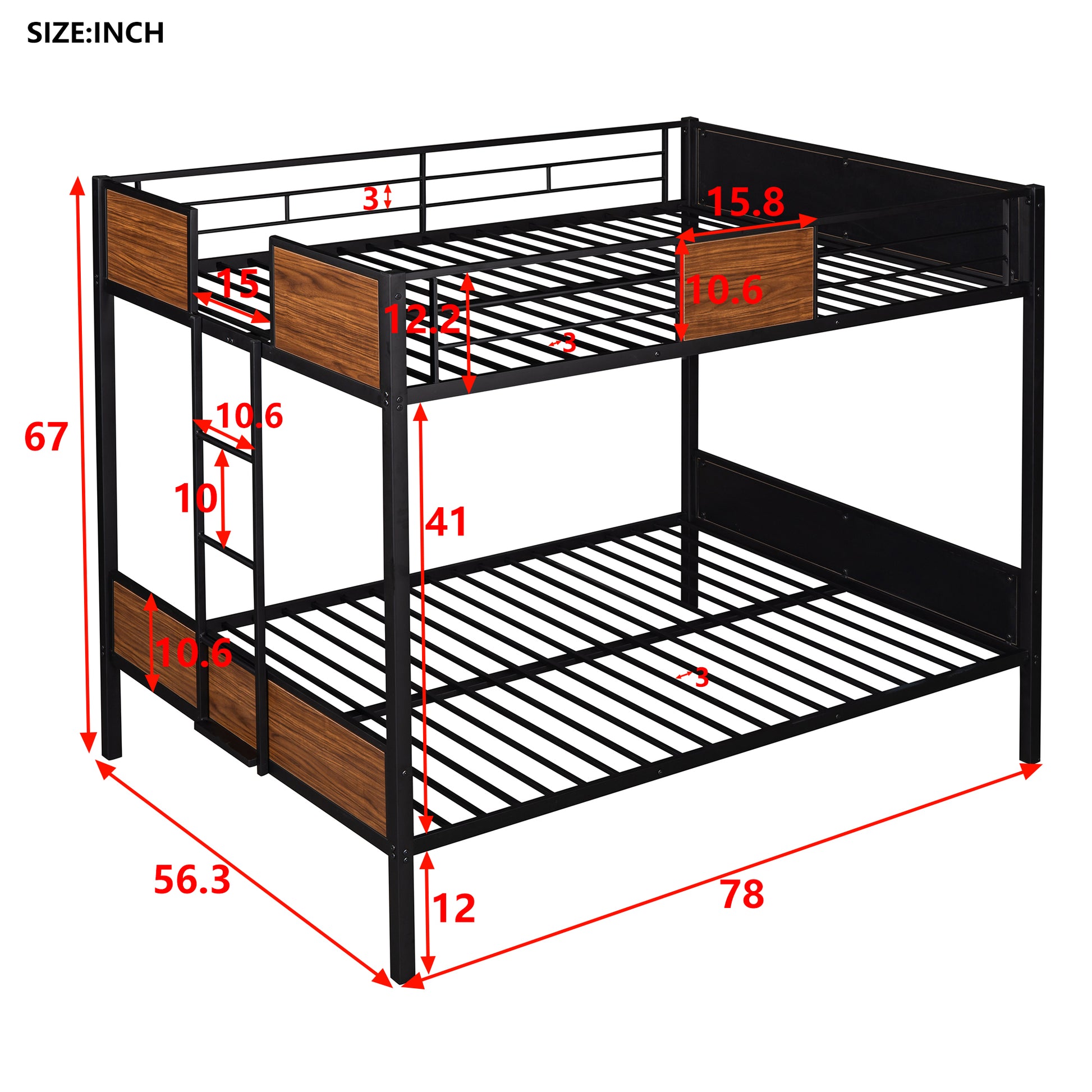 Black metal and wood bunk bed with dimensions shown