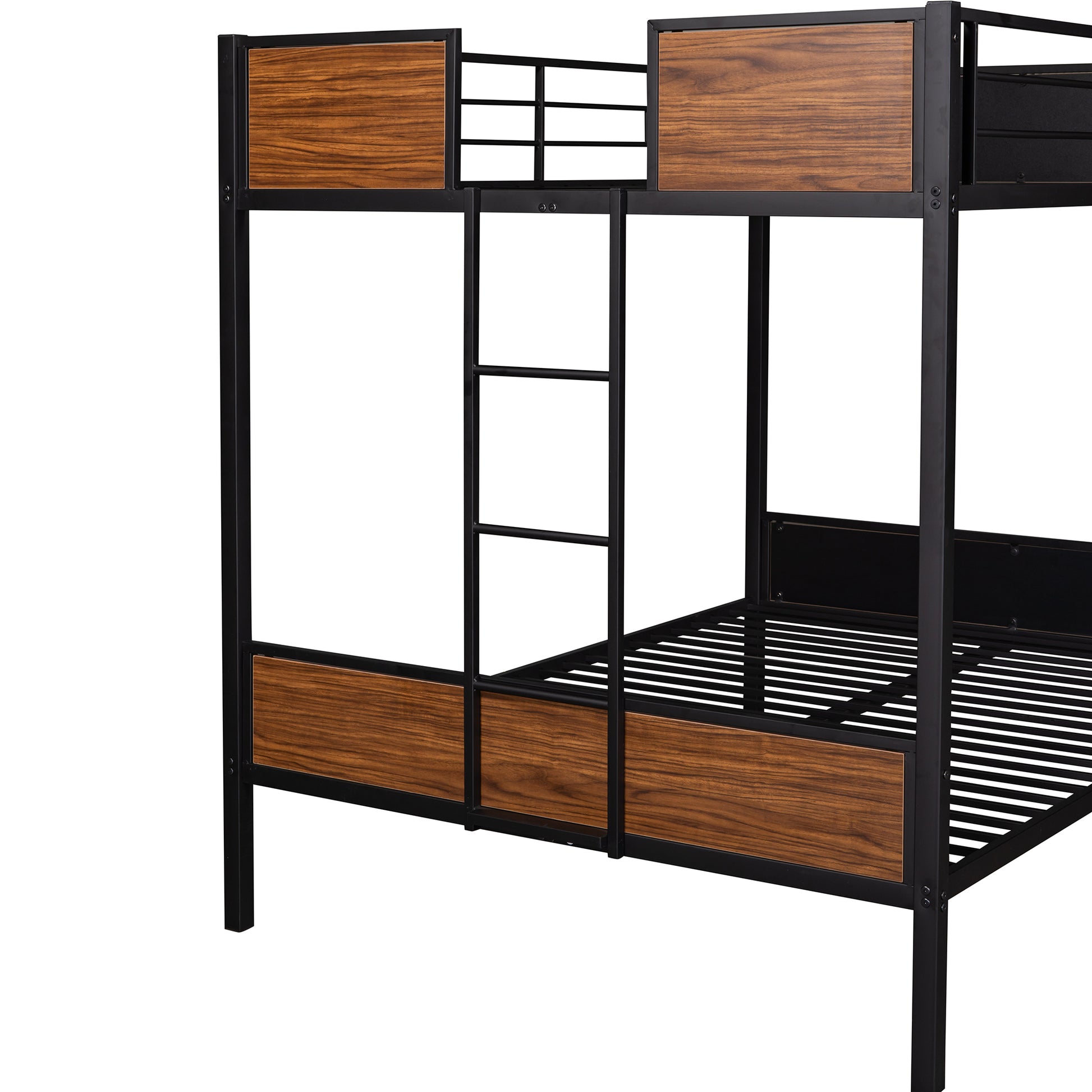 Black metal bunk bed with wood panel accents and ladder
