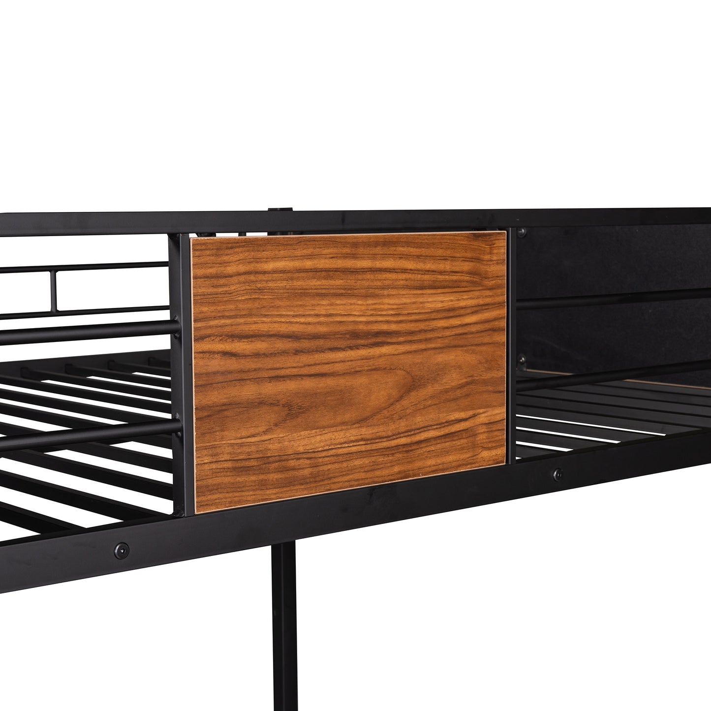 Black metal bed frame with wood grain accent panel
