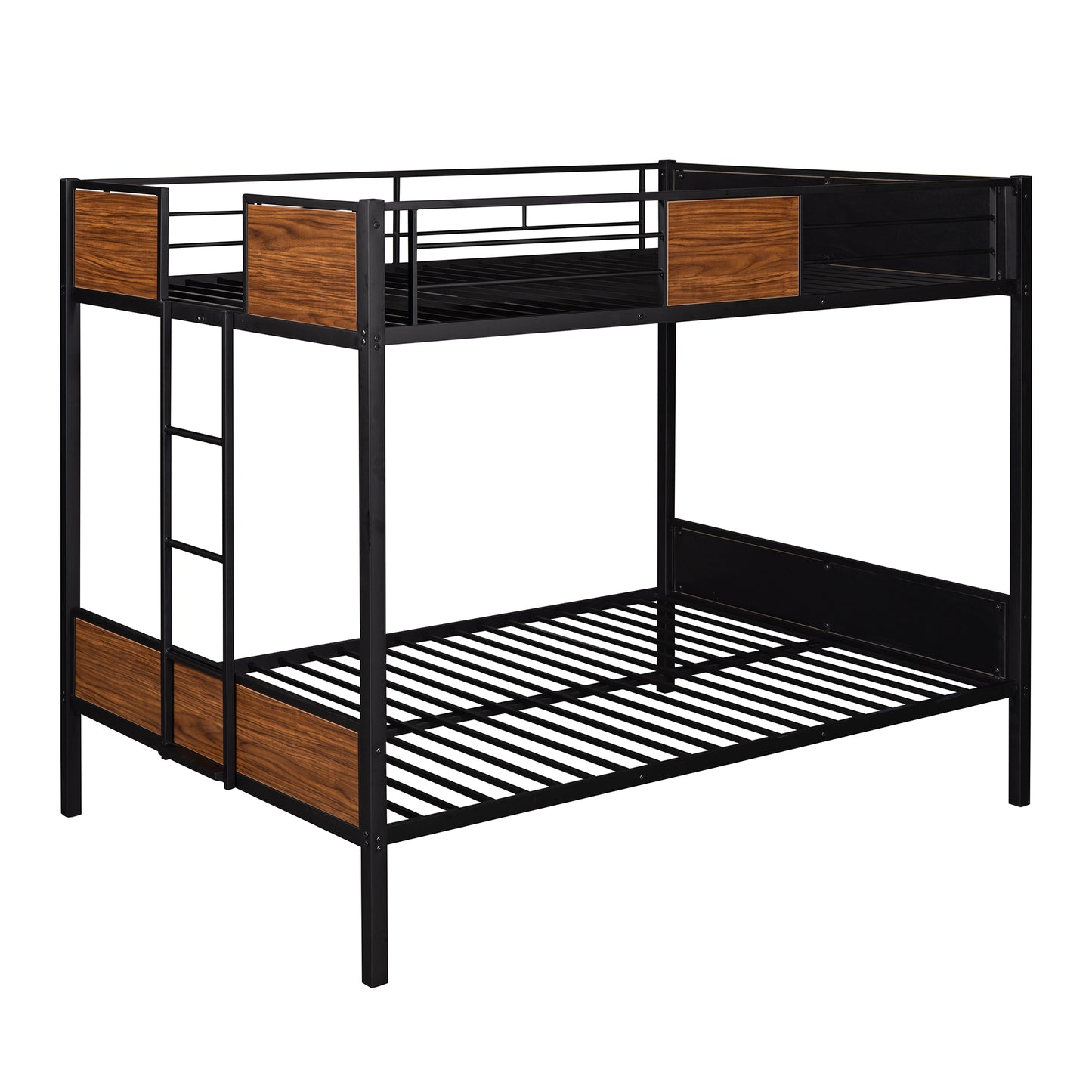 Black metal twin bunk bed with woodgrain accents and ladder