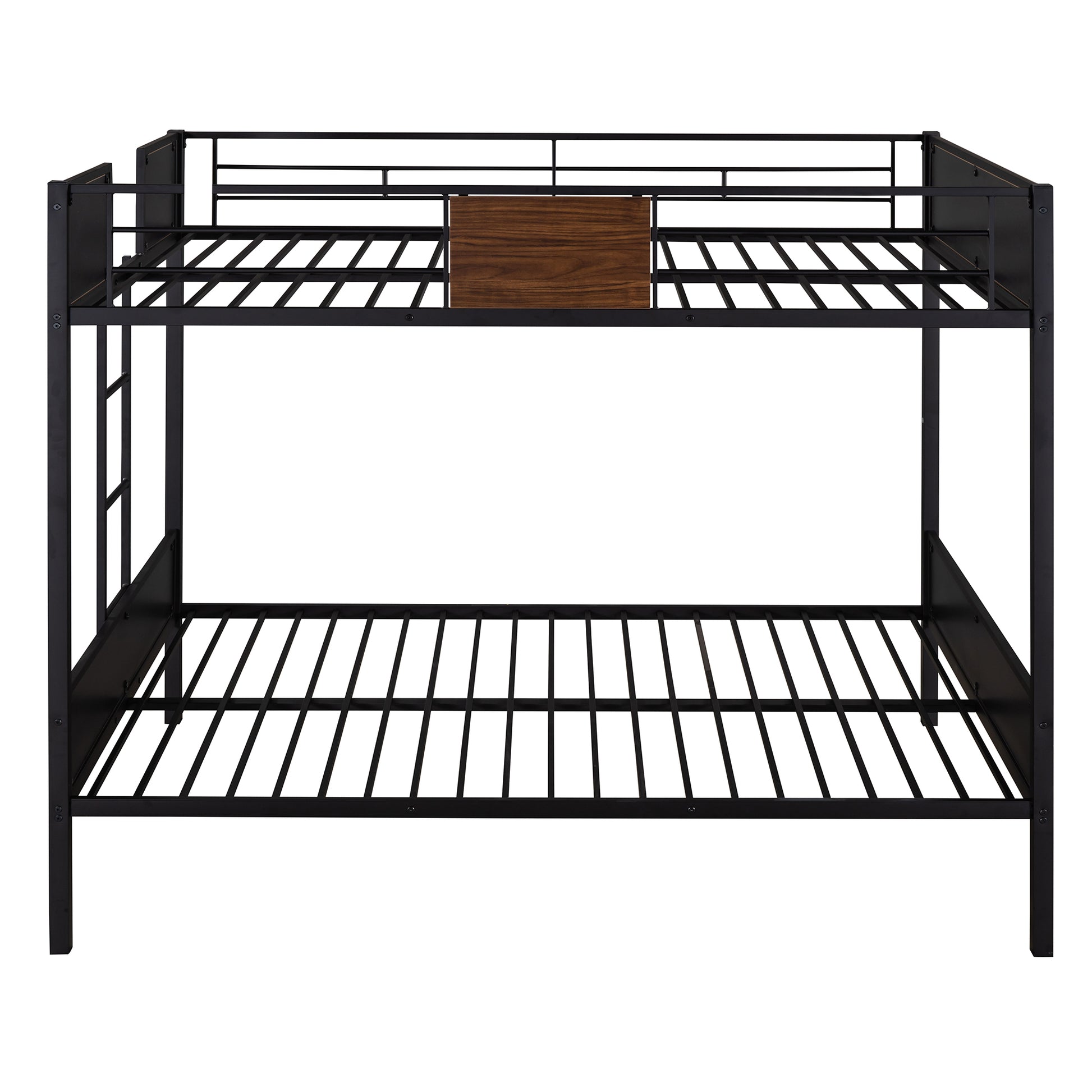 Black metal bunk bed frame with wooden headboard accent