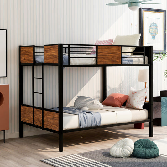 Black metal twin over twin bunk bed with wood grain accents