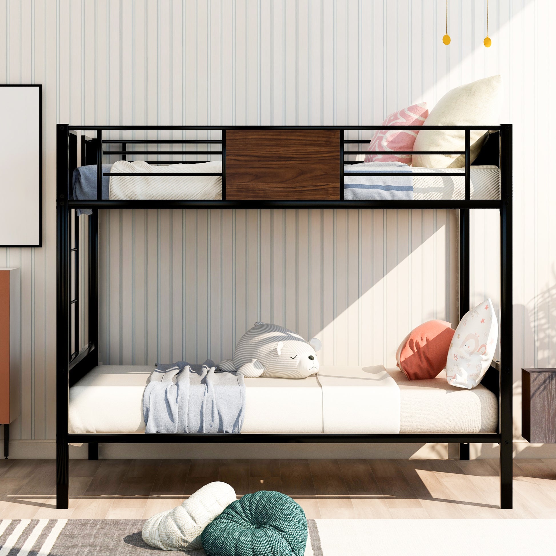 Black metal twin over twin bunk bed with wood accent and white mattresses