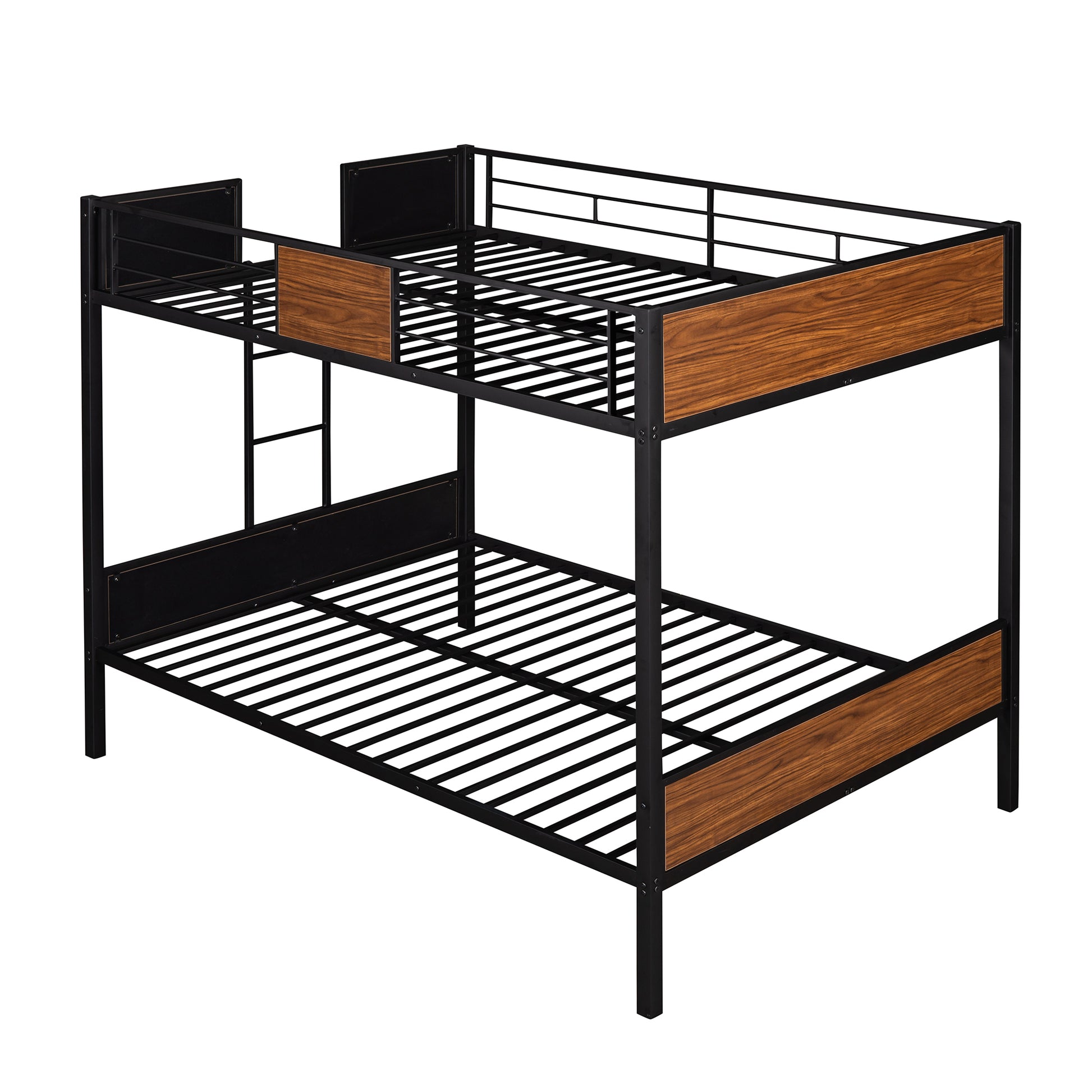 Black metal twin over twin bunk bed with wood grain accents