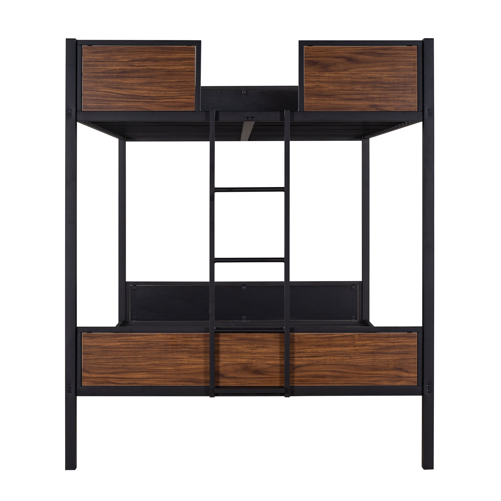 Black metal bunk bed with walnut wood accents and integrated ladder