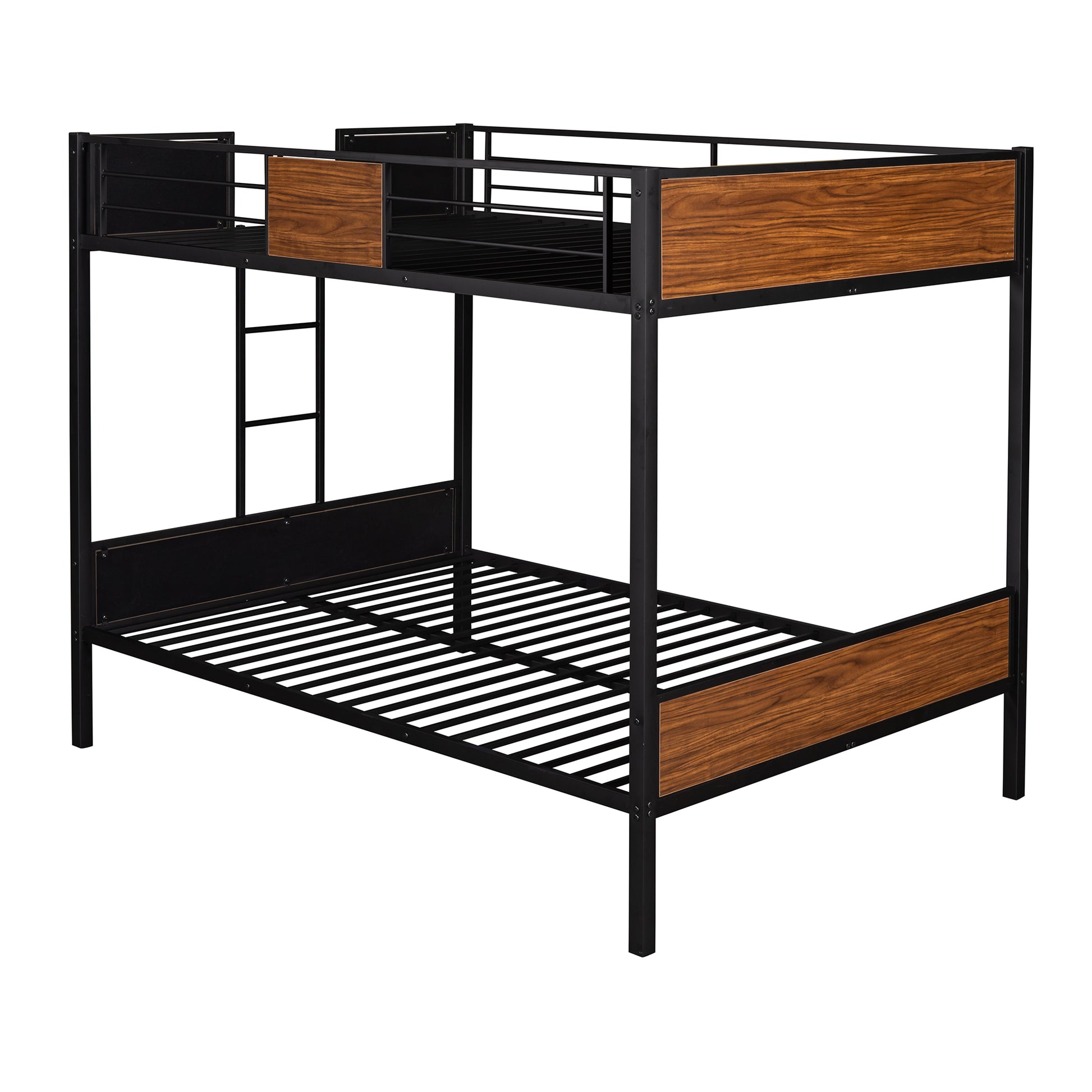 Black metal bunk bed with wood grain accents and ladder