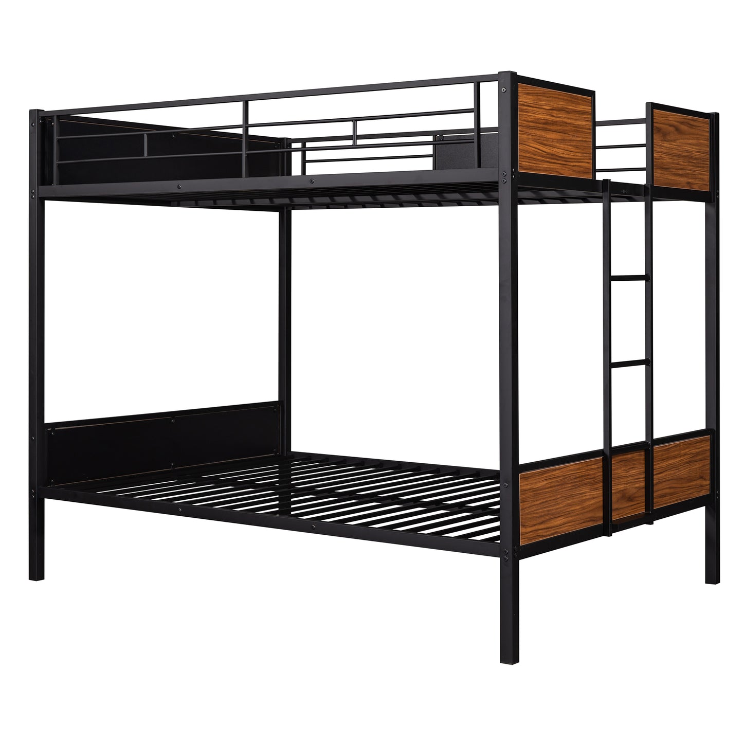 Black metal twin over twin bunk bed with wood grain accents