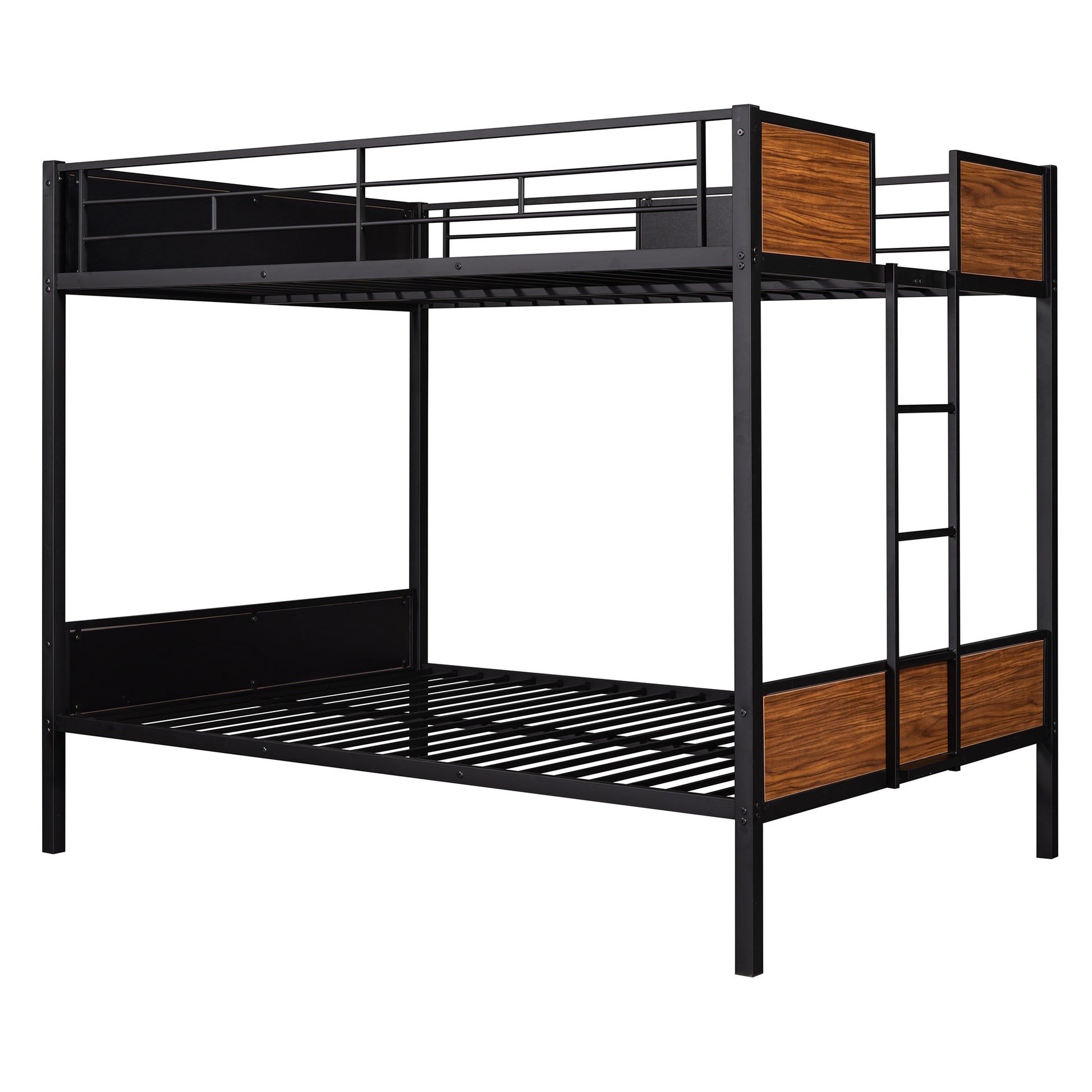 Black metal twin over twin bunk bed with wood grain accents