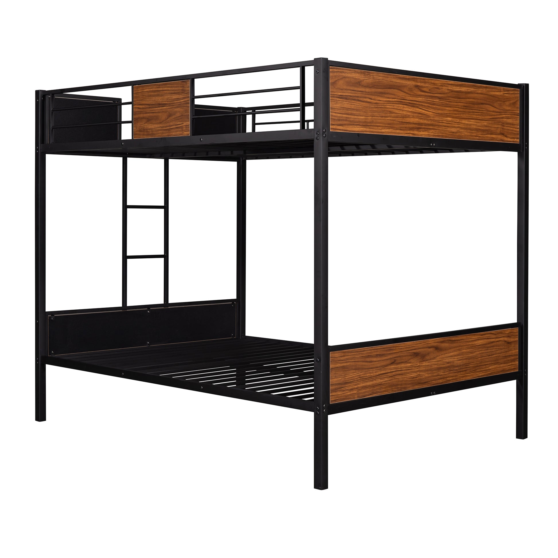 Black metal twin bunk bed with wood grain accents and ladder  characters