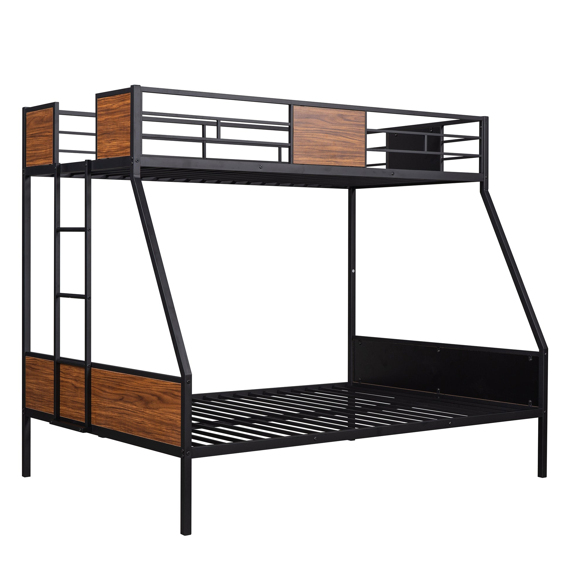 Black metal bunk bed with woodgrain accents
