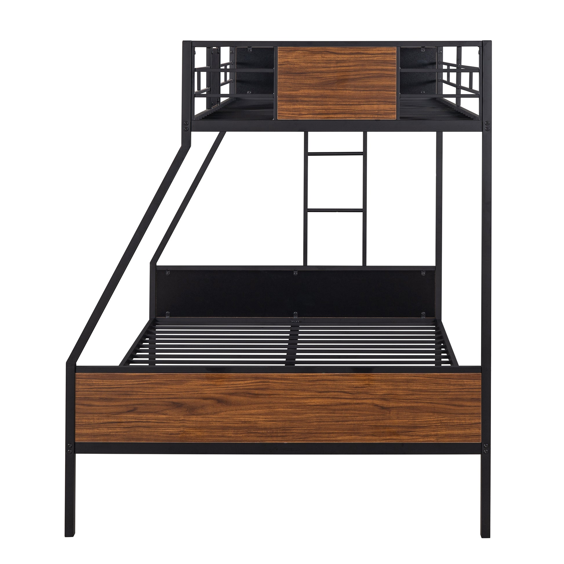 Black metal and walnut wood bunk bed with ladder and builtin shelves