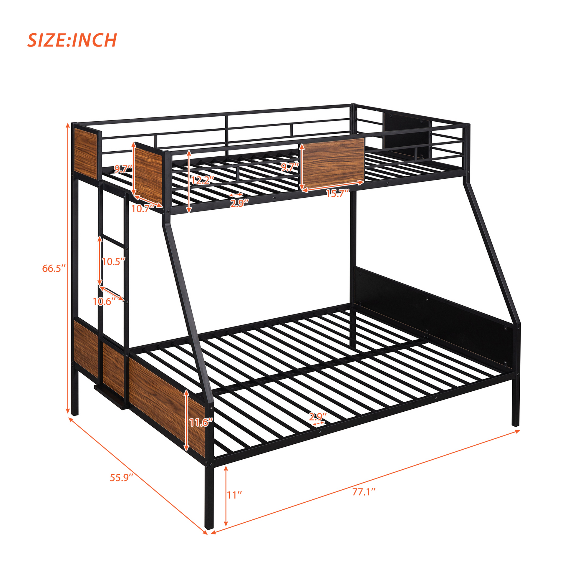 Black metal twin over twin bunk bed with woodgrain accents