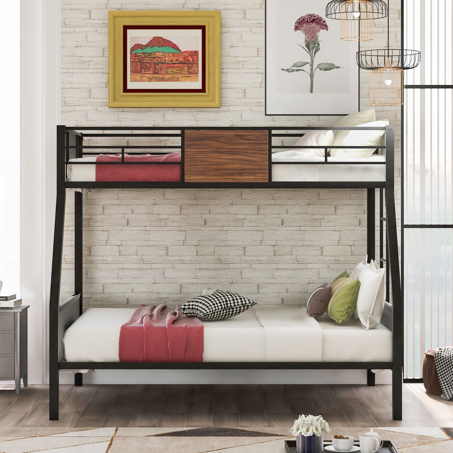 Black metal twin over twin bunk bed with wooden accent and white mattresses