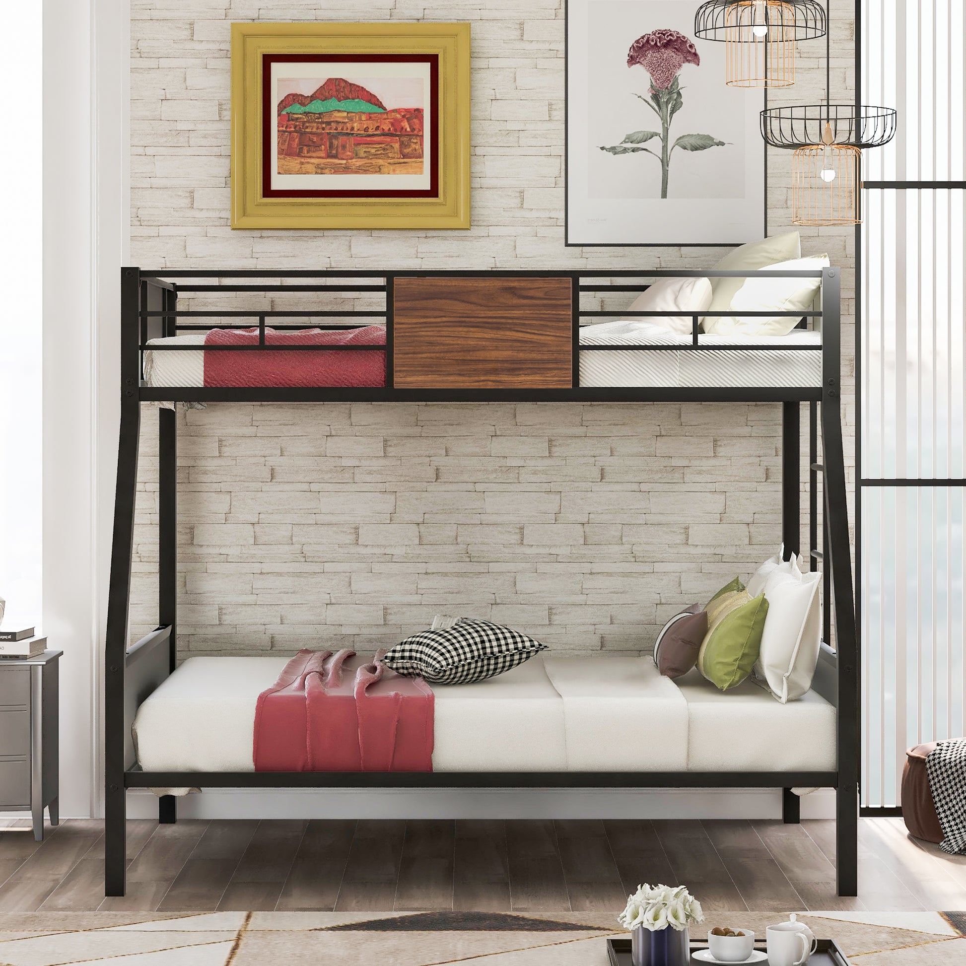 Black metal twin over twin bunk bed with wooden accent and white mattresses