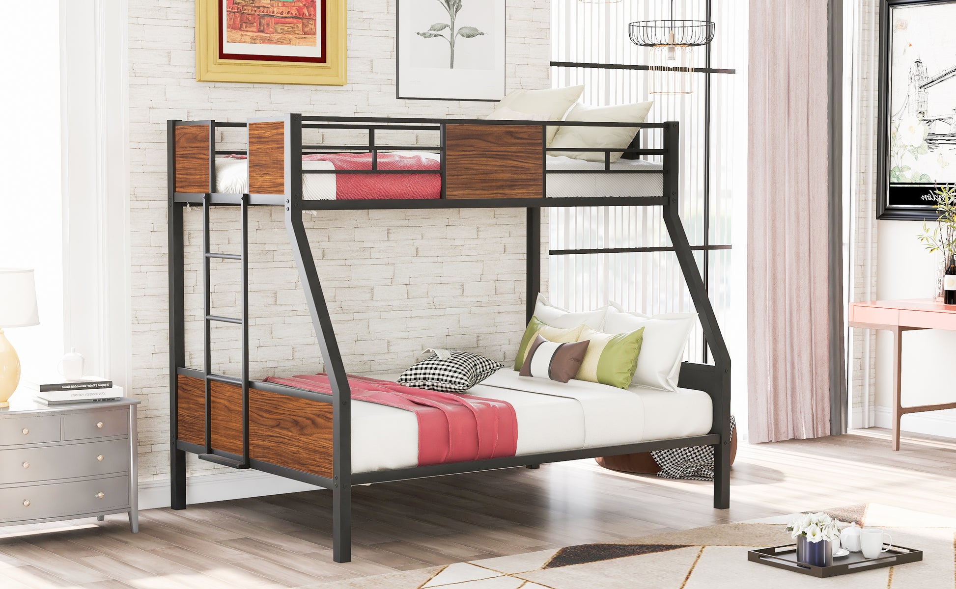 Black metal and wood bunk bed with white mattresses and red bedding