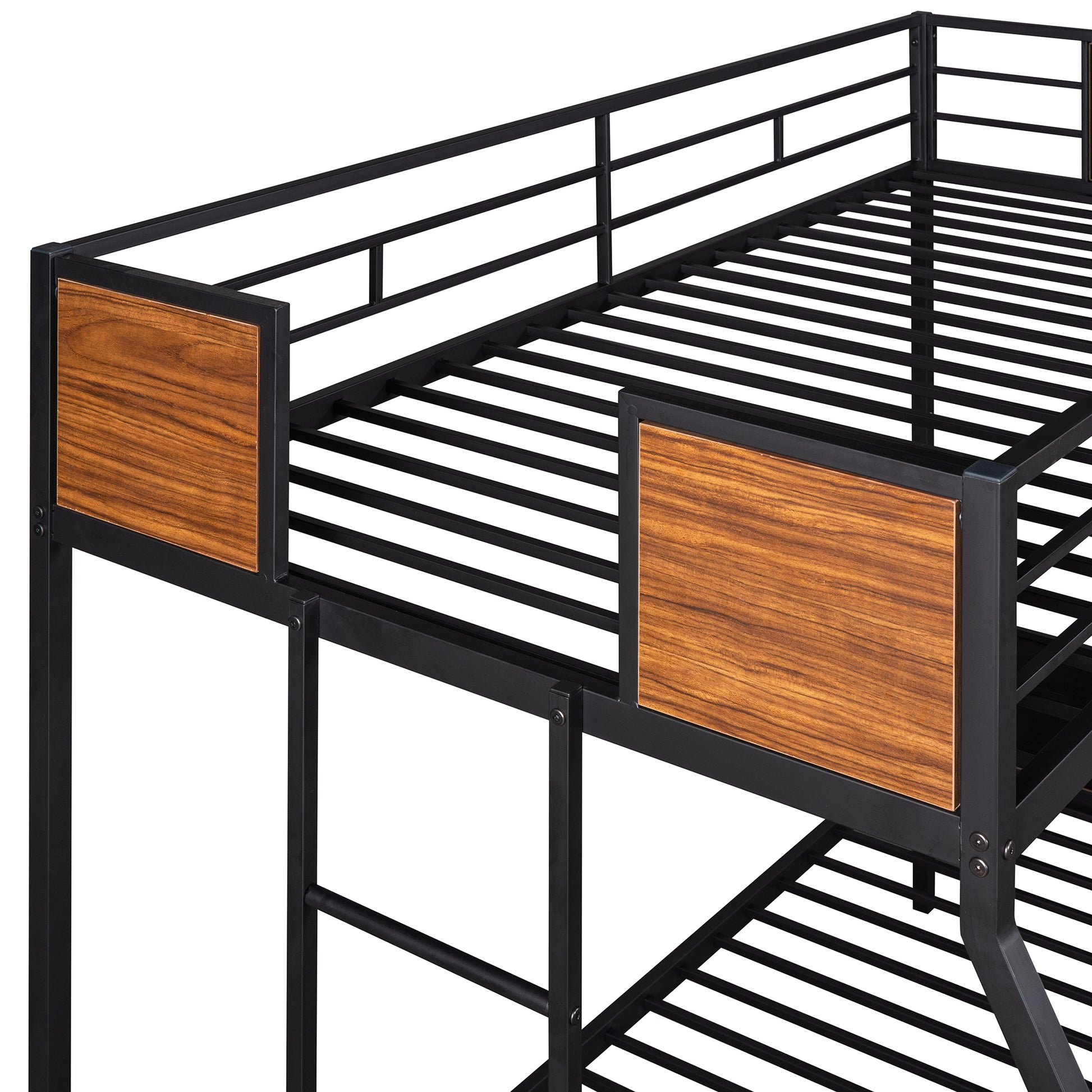 Black metal bunk bed frame with woodlook accents