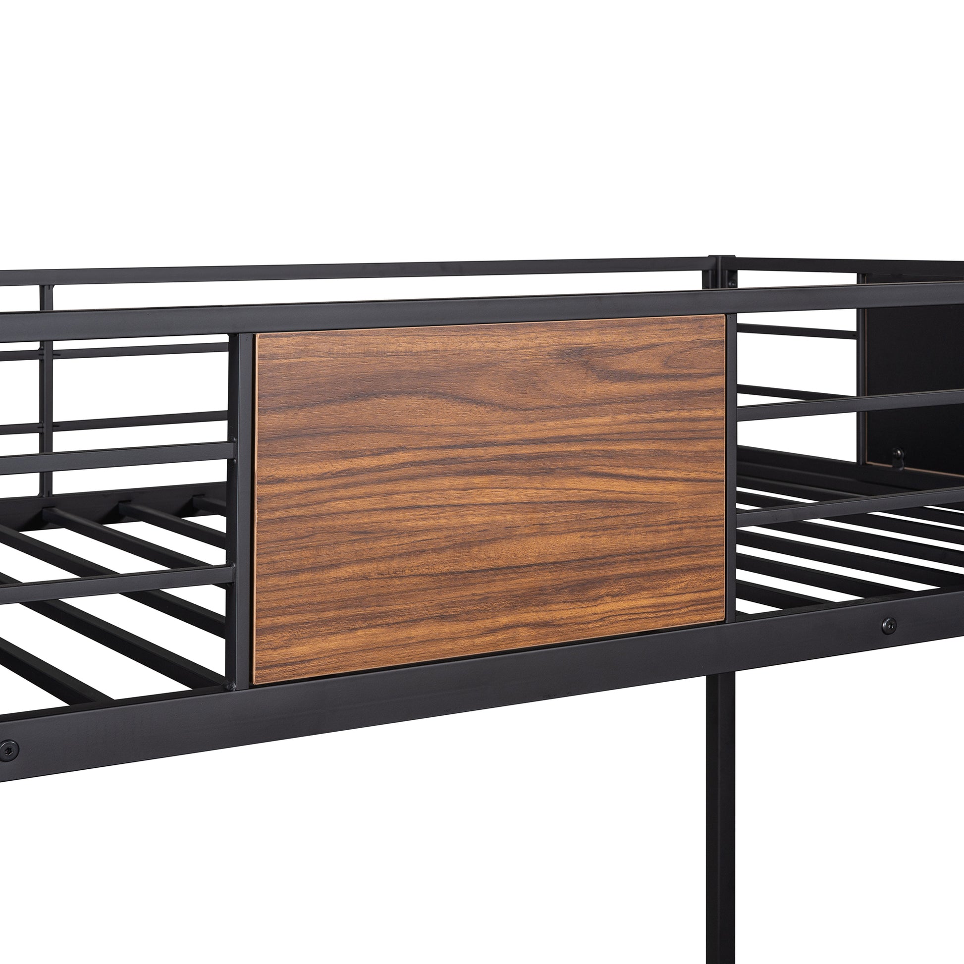 Black metal bunk bed frame with wood grain accent panel