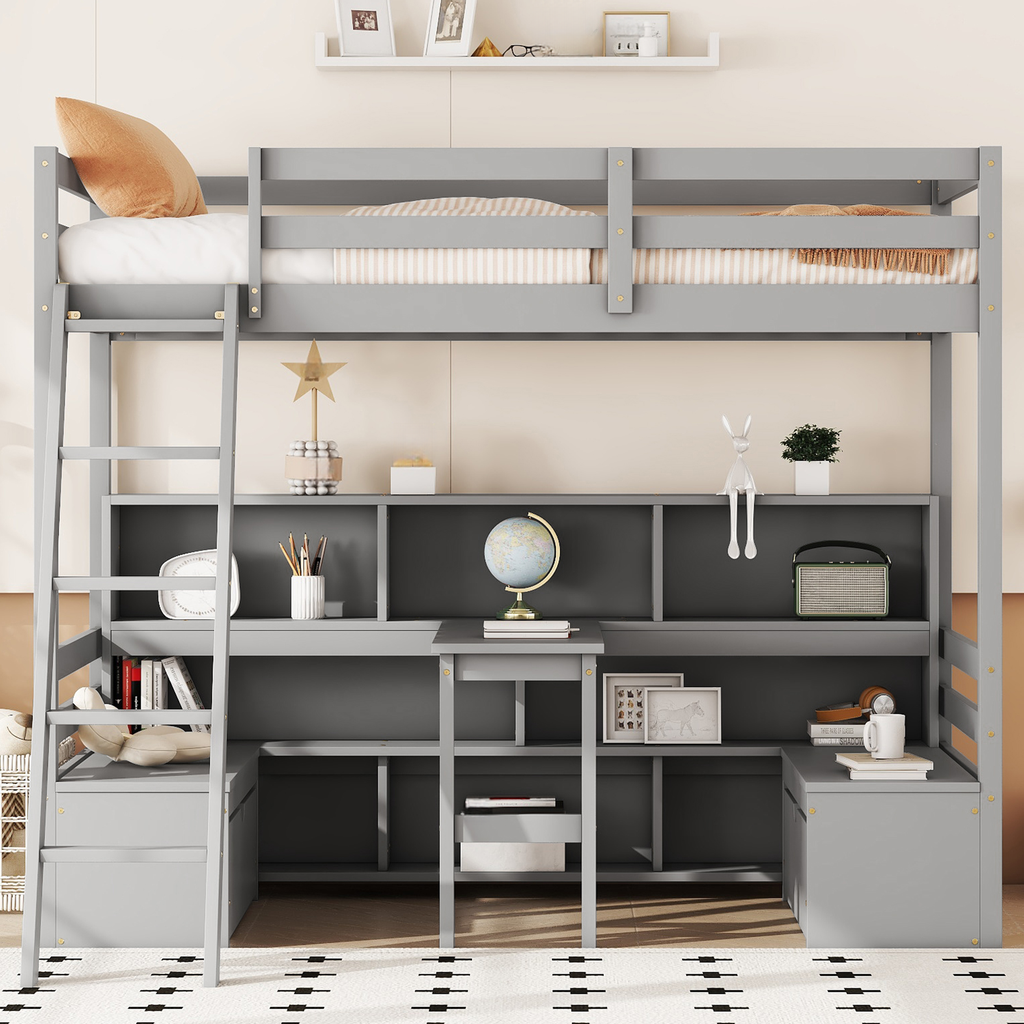 Gray loft bed with desk and shelves
