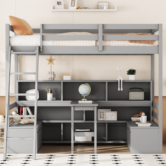 Gray loft bed with desk and shelves