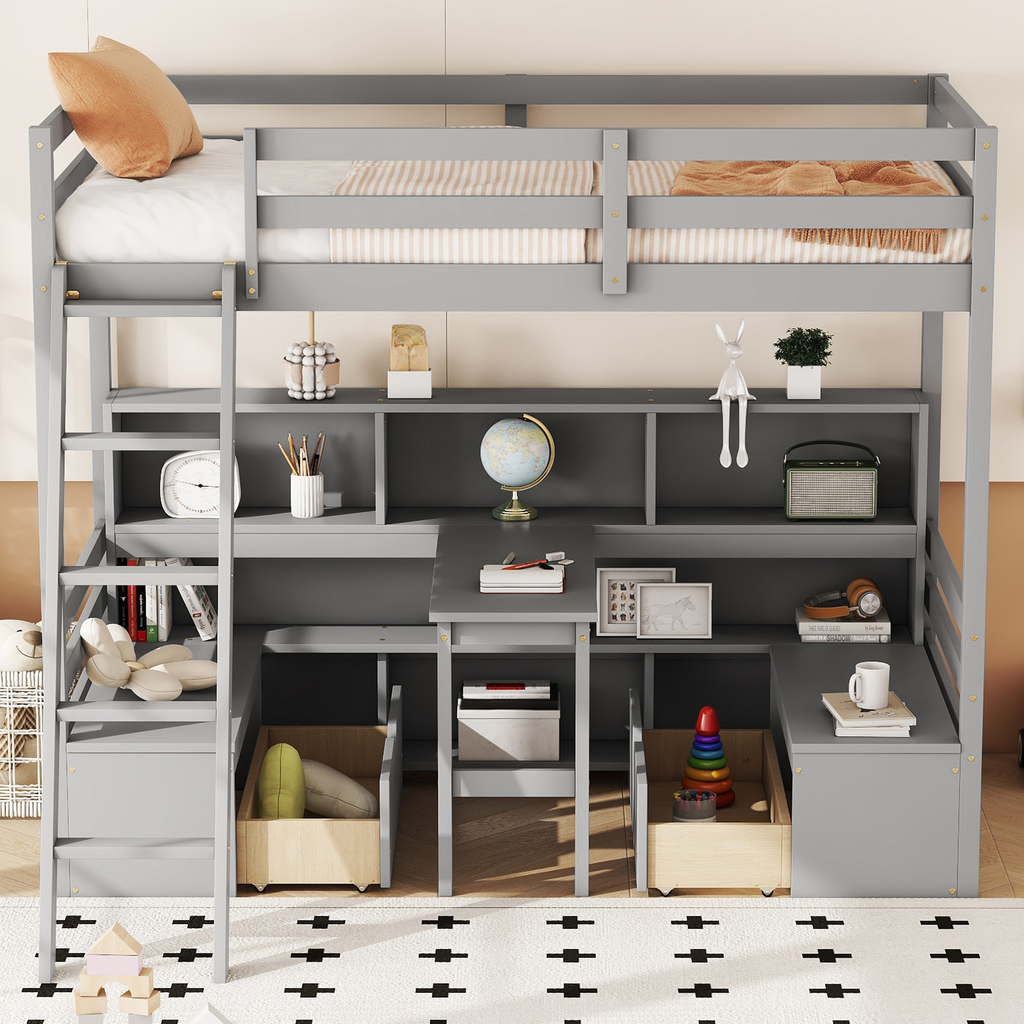 Gray loft bed with integrated desk and shelves