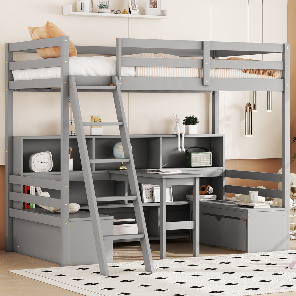 Gray wooden loft bed with desk and shelves