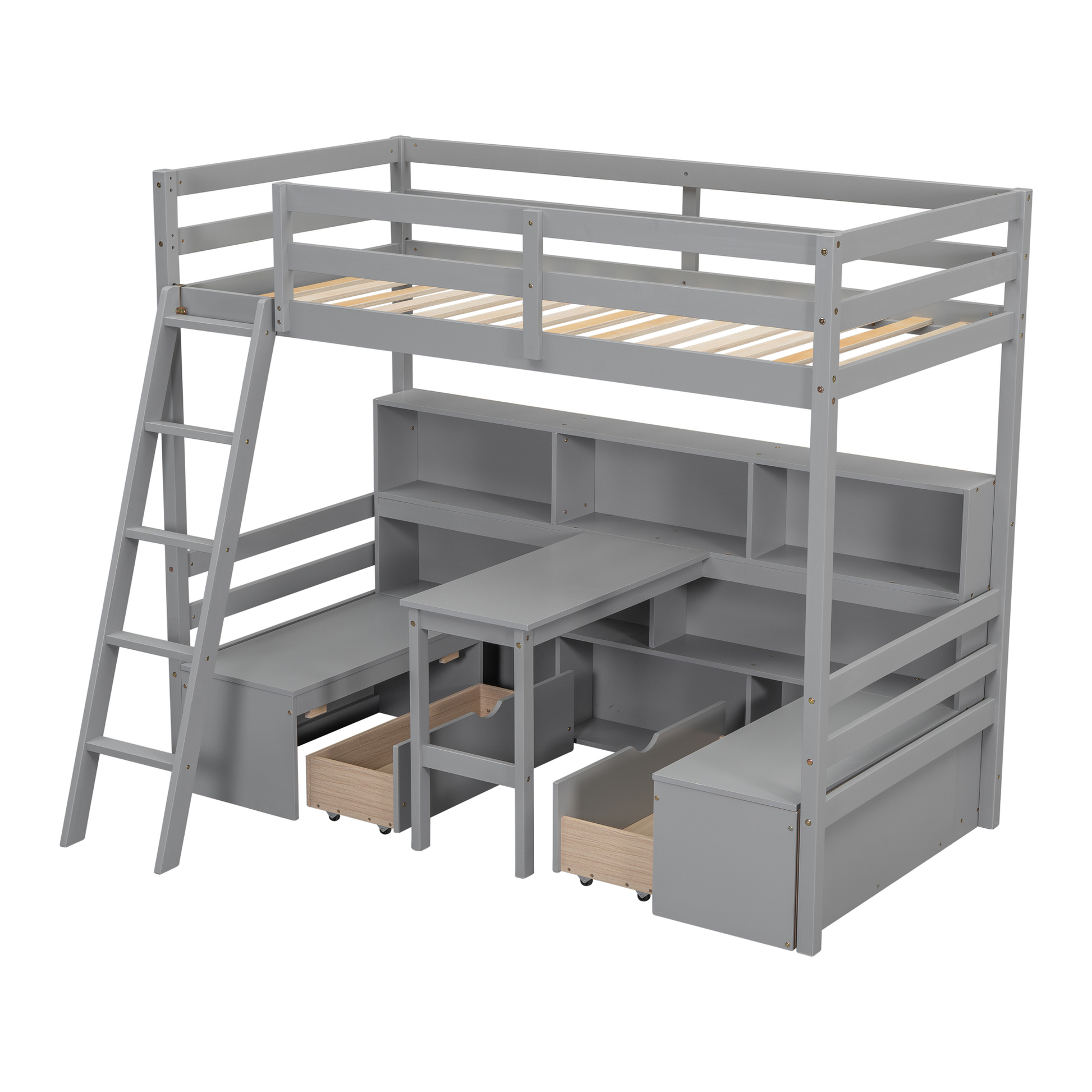 Gray wooden loft bed with desk and storage