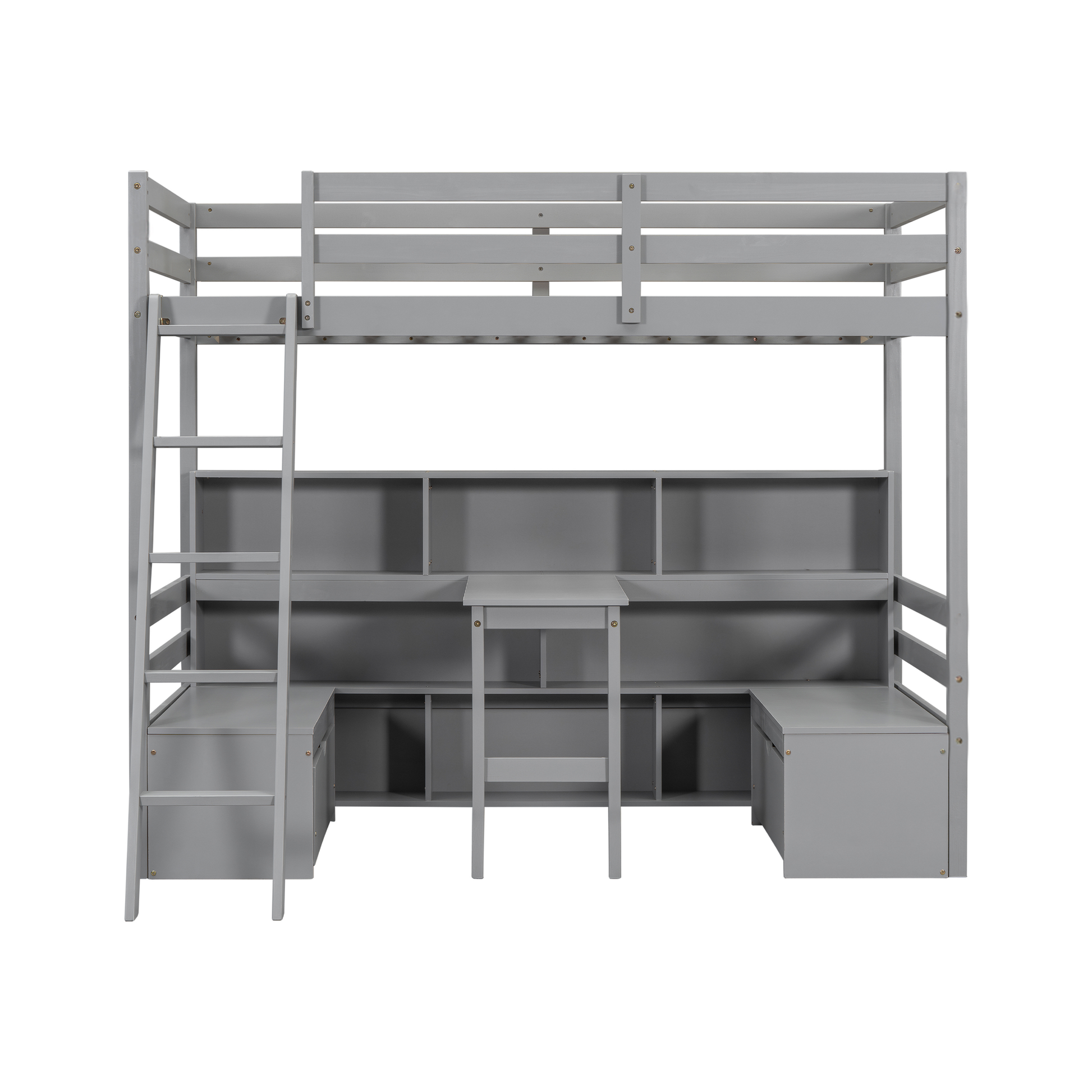 Gray loft bed with integrated desk and storage shelves