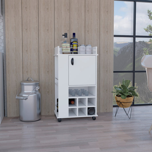 White bar cart with two shelves and a wine rack perfect for home bars