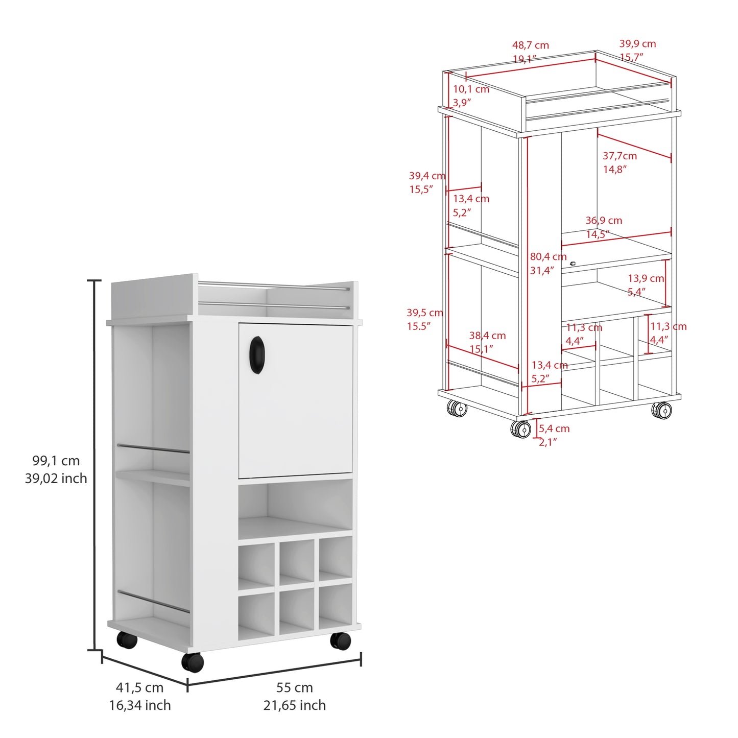 White rolling kitchen cart with wine rack and cabinet doors