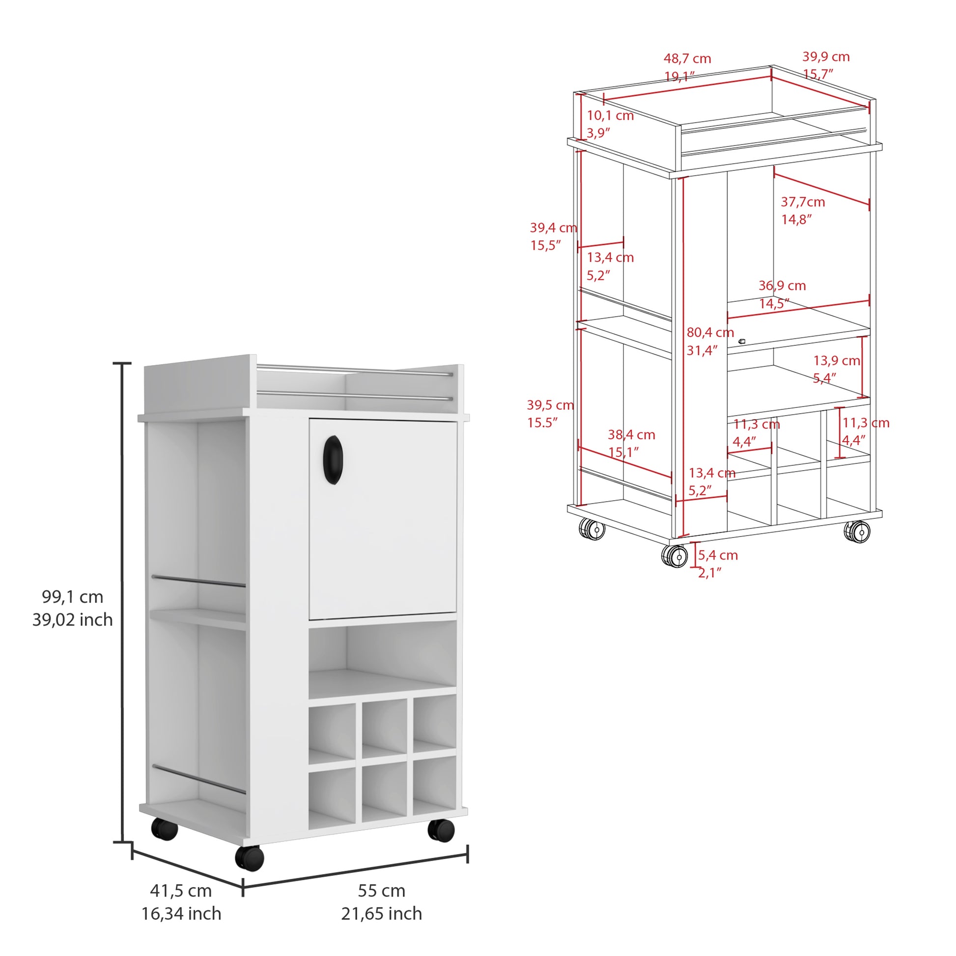 White rolling kitchen cart with wine rack and cabinet doors