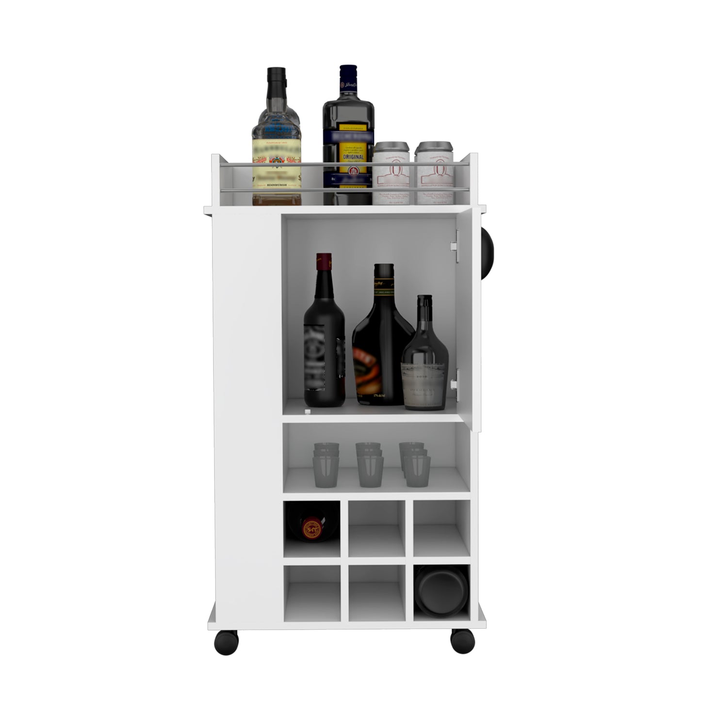 White mobile bar cart with shelves holding bottles and glasses