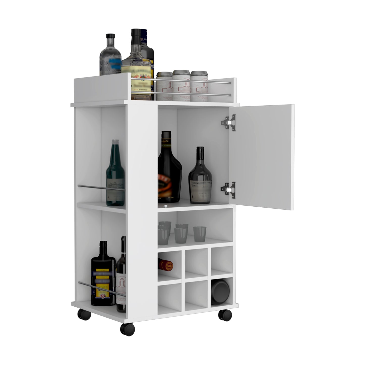White mobile bar cart with bottle racks and a glass holder