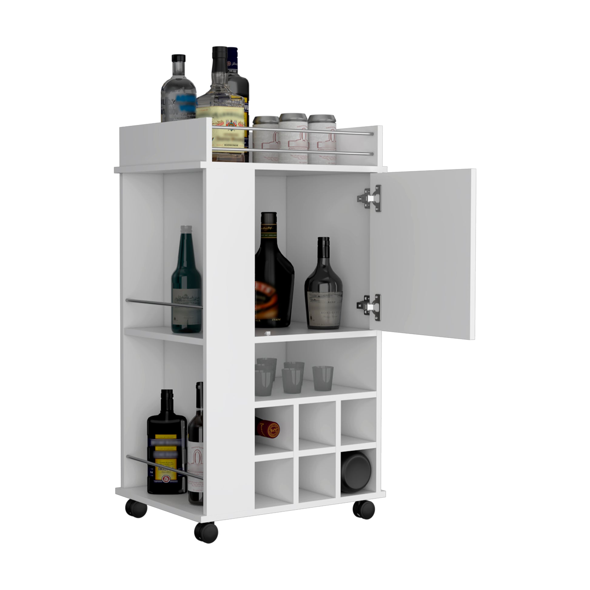 White mobile bar cart with bottle racks and a glass holder