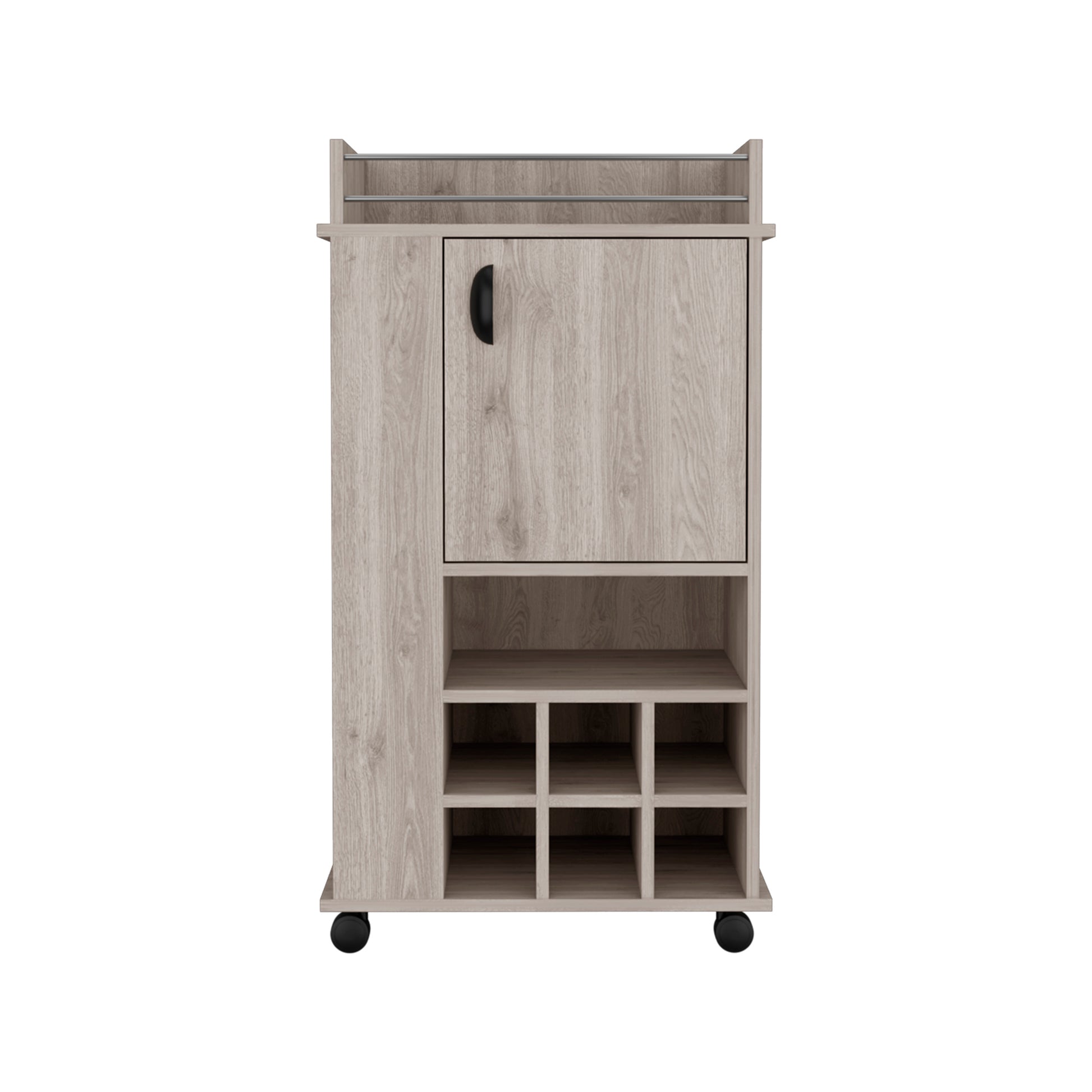 Grey wood bar cart with cabinet and wine cubbies