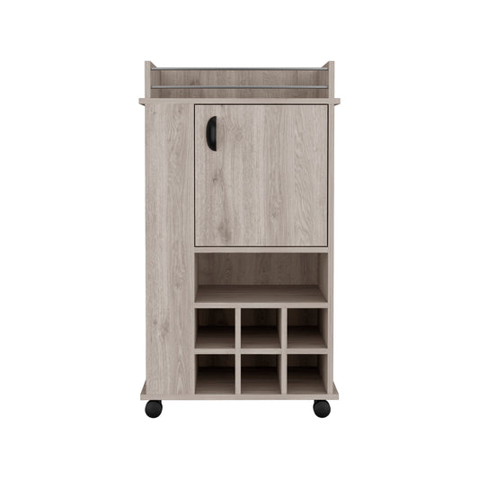 Grey wood bar cart with cabinet and wine cubbies