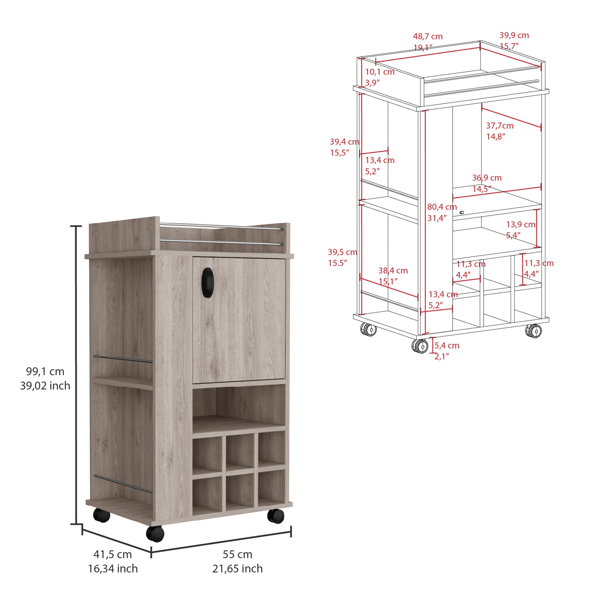Light brown wood bar cart with wine rack and storage