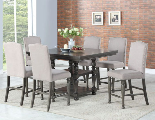 TREATLIFE HOME 7 Piece Dining Set with Pedestal Base and Two Shelves, Counter Height Design, Harbor Grey Finish, Pearl Silver