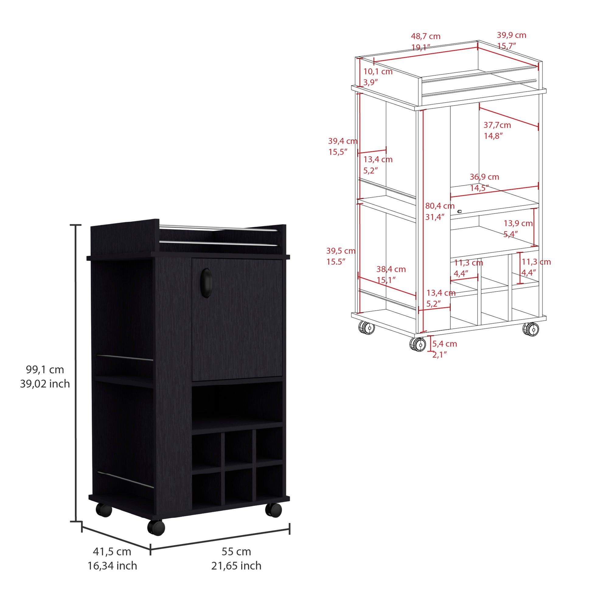 Black kitchen cart with wine rack and storage cabinet