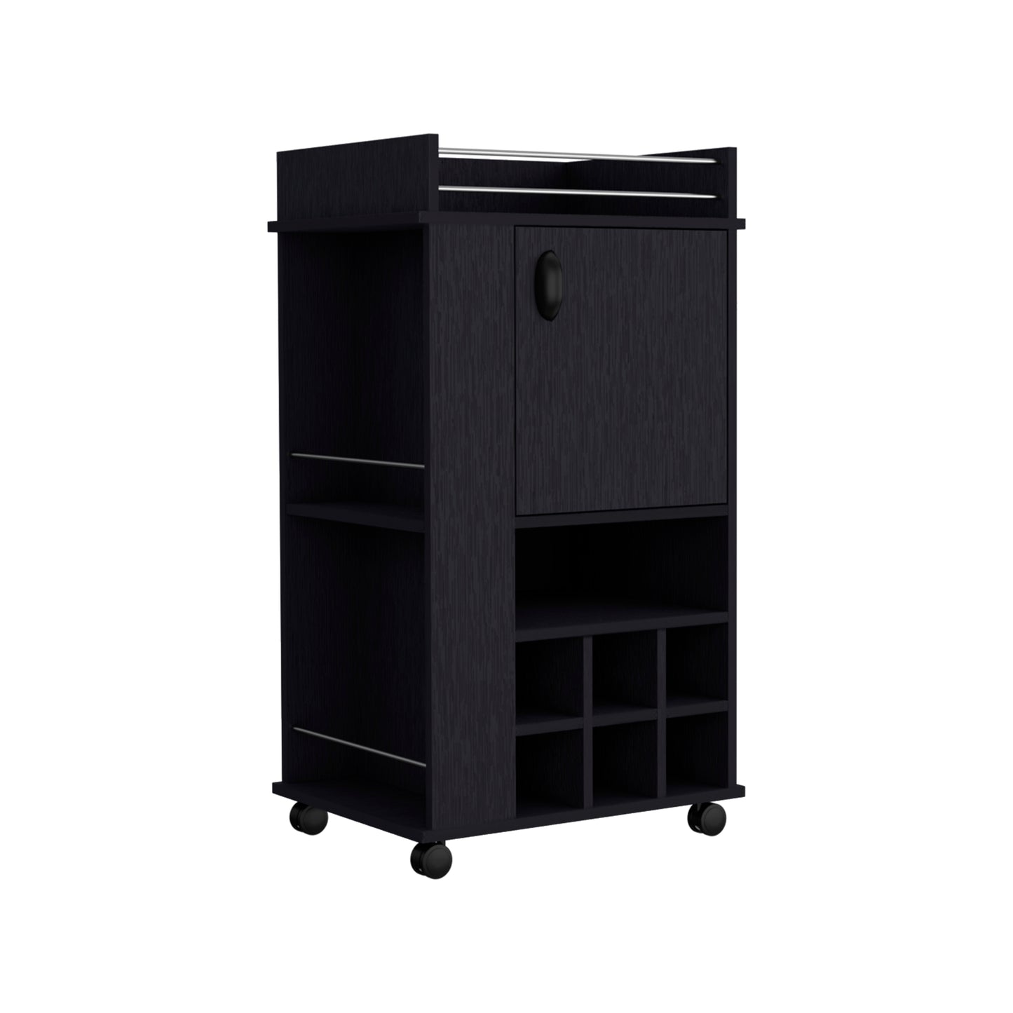 Dark wood bar cart with wine rack and cabinet