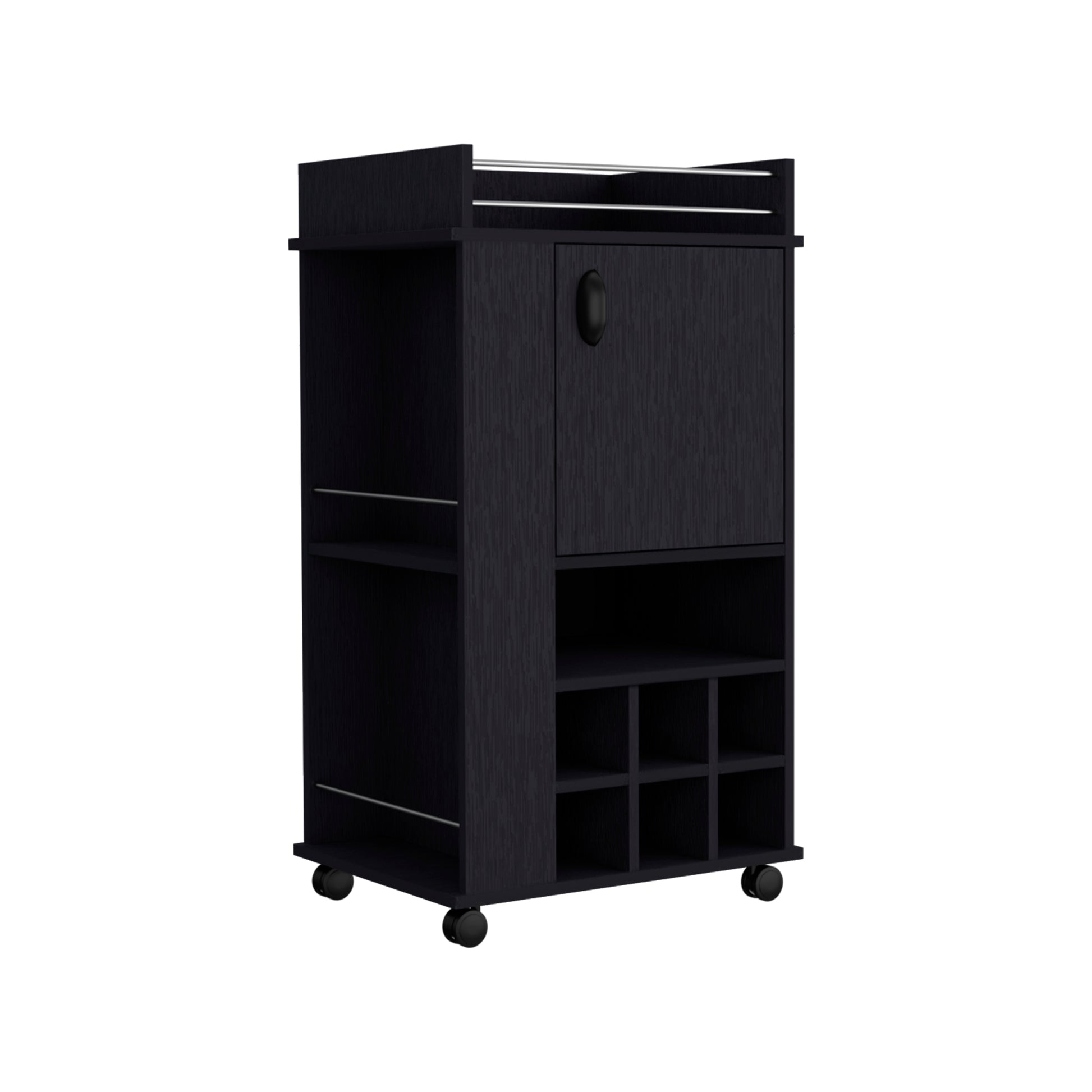 Dark wood bar cart with wine rack and cabinet