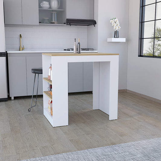 White and wood breakfast bar with integrated shelving