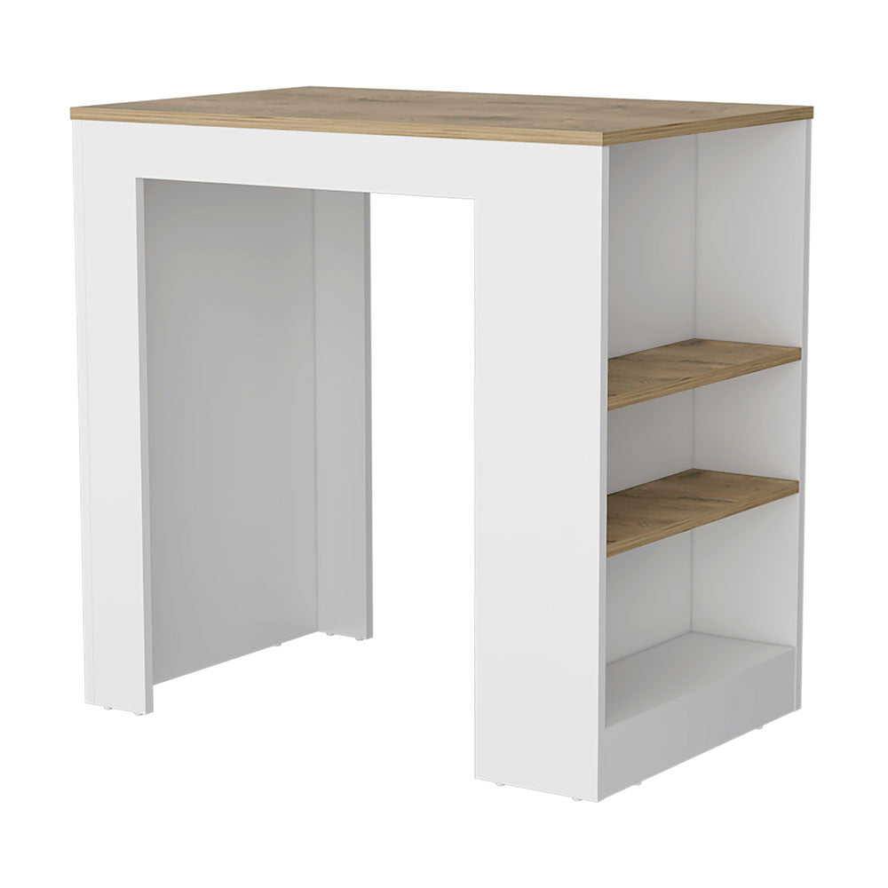 White and oak high table with side shelving