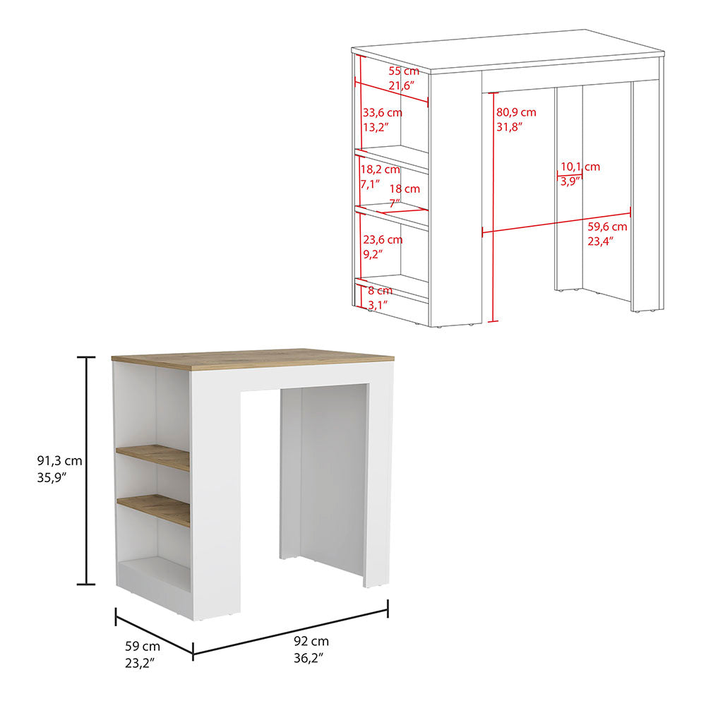 White and wood bar table with three open shelves