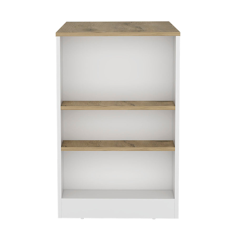 White tall bookcase with two woodgrain shelves