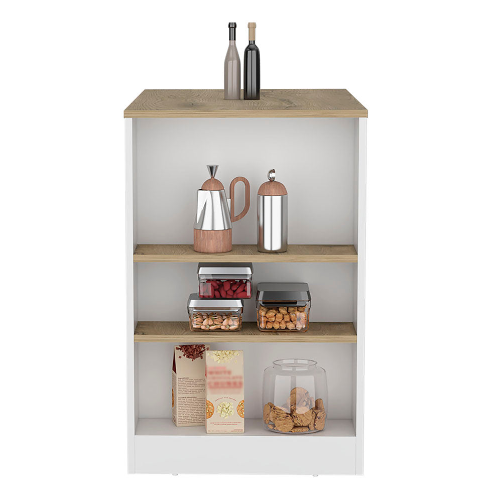 Modern white and wood storage shelf with kitchenware