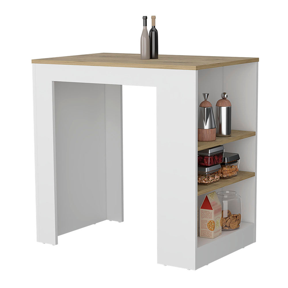 White and oak breakfast bar table with storage shelves and wine bottles