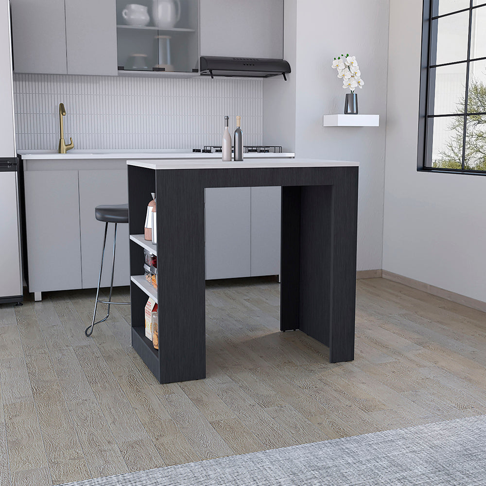 Modern dark grey kitchen island with white countertop and open shelving