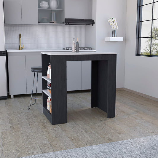Modern dark grey kitchen island with white countertop and open shelving