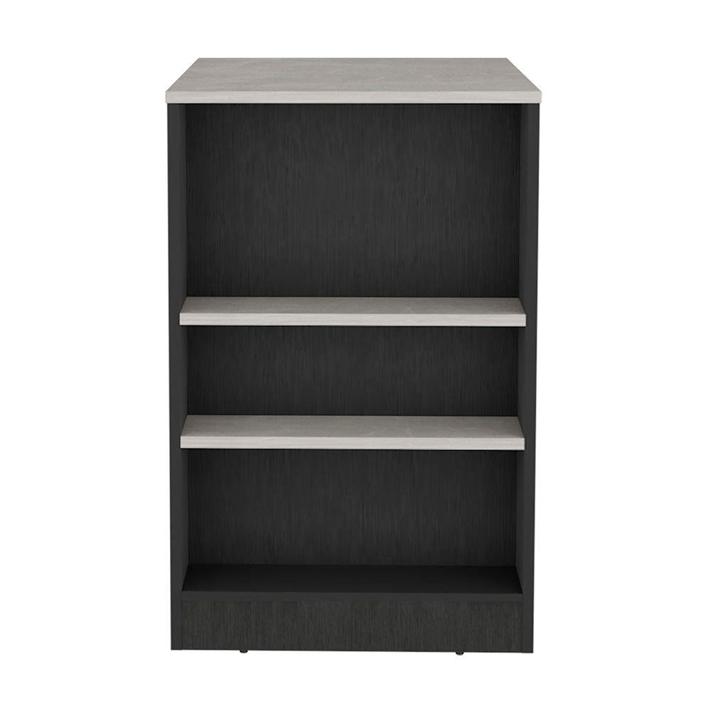 Modern black bookcase with two light grey shelves and a faux marble top